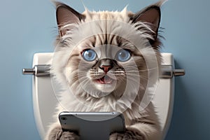 cute cat reading news on the phone while sitting in the toilet room