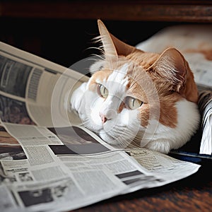 The cute cat is reading the newspaper. The concept of following news and publications.