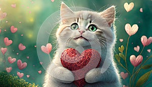 Cute cat with red heart, art card