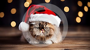 Cute Cat in Red Santa Claus Hat for Christmas and New Year Celebrations