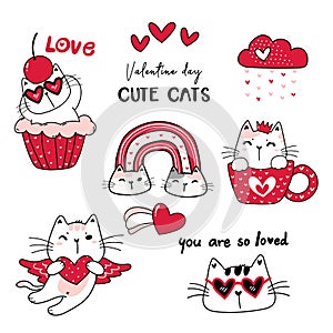 Cute cat Red Valentine day cartoon vector collection, valentine clipart set, doodle cat drawing in red