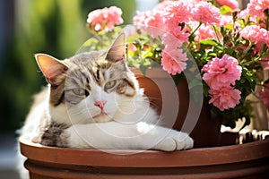Cute cat relaxation in flower pot at balcony