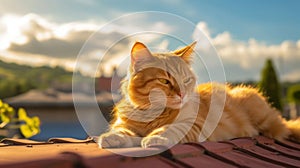 Cute cat is relaxing on the roof of a Japanese house. Cute cat in the sunlight in Japan. Asian aesthetic style. Generative AI