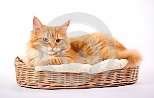 Cute cat resting on pet bed on white background