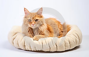 Cute cat resting on pet bed on white background