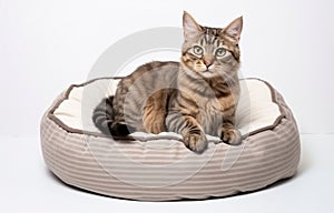 Cute cat resting on pet bed on white background