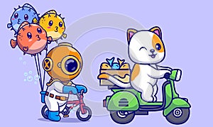 Cute cat riding scooter with fish box cartoon vector icon illustration. animal transportation icon