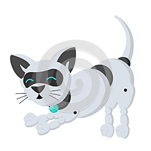 Cute cat-robot bends on its front paws, silver color on a white background.