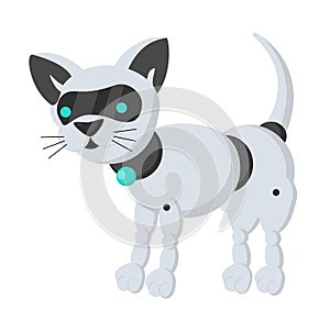 Cute cat-robot of silver color on a white background. Technological robot that measures the habits of animals.