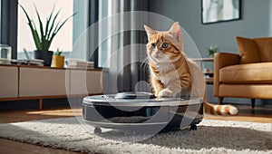 Cute cat, robot vacuum cleaner at home funny concept comfort interior