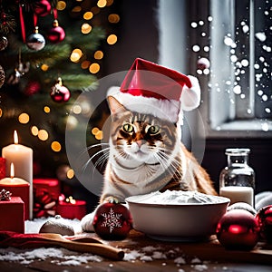 Cute cat with santa claus hat, christmas baking things and xmas decorations