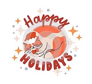 Cute cat in Santa hat, Christmas sticker design. Funny feline pet, kitty sleeping on winter holidays. Happy kitten