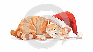 A cute cat in Santa hat, Christmas sticker design. Funny feline pet, sleeping kitty on winter holidays. Happy kitten