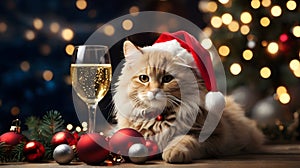 Cute cat in Santa hat and glass of champagne on Christmas background