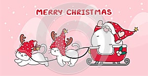 Cute cat and Santa in sleigh for Christmas day and New year. Winter concept. Doodle cartoon style, Draw illustration banner