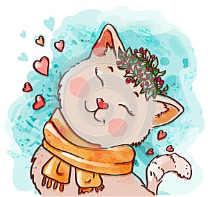 Cute cat in scarf. Winter kids illustration. Lovely kitten