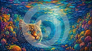 Cute cat in the sea painting generative AI