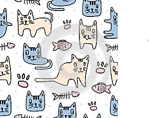 Cute cat seamless childrenâ€™s pattern. Kitten decorated with a handwritten. Funny animal dream cats isolated on white background
