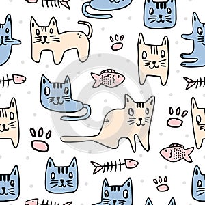 Cute cat seamless childrenâ€™s pattern. Kitten decorated with a handwritten. Funny animal dream cats isolated on white background