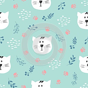 Cute Cat Seamless pattern. Cartoon Animals in forest background. Vector illustration