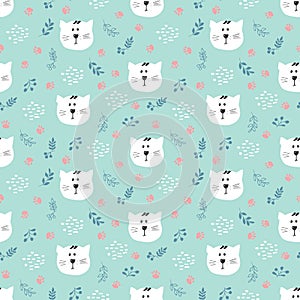 Cute Cat Seamless pattern. Cartoon Animals in forest background. Vector illustration