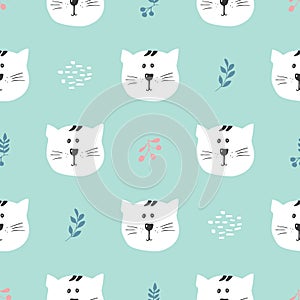 Cute Cat Seamless pattern. Cartoon Animals in forest background. Vector illustration