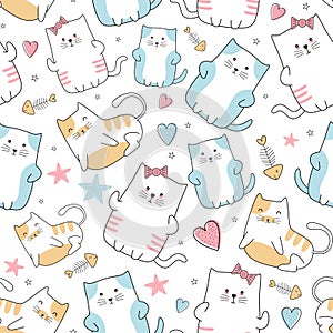 Cute cat seamless pattern with colorful nursery background for fashion textile wrapping and print. Vector illustration hand drawn