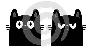 Cute cat set. Sad angry surprised face head. Black kitten with big eyes. Funny kawaii pet animal icon. Cartoon funny baby