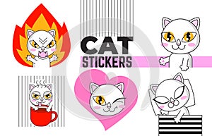 Cute cat set stickers isolated on white