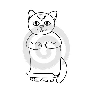 Cute cat with sheet of paper hand drawn doodle vector icon, scandinavian, monochrome, coloring book, place for text. card, sticker