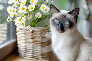 Cute cat sits by a basket of white flowers