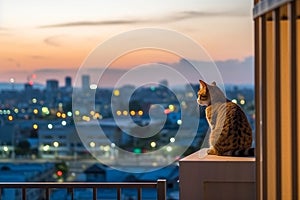 Cute cat sitting in a balcony looking over city skyline Generative Ai