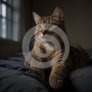 Cute cat sitting on the bed waiting for owner come back home