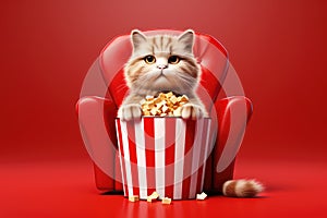 Cute cat sitting in a red chair and eating popcorn. Red background, Banner with Cat watching 3D movie with popcorn sitting in red