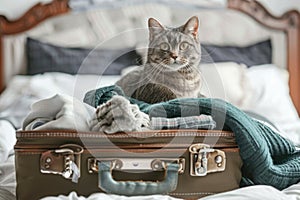 Cute cat sitting in suitcase with clothes on bed in the room