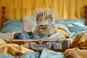 Cute cat sitting in suitcase with clothes on bed in the room