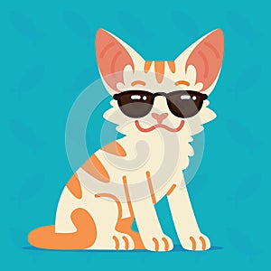 Cute cat sitting. Vector illustration of cool kitty in sunglasses on blue background. Emoji. Element for your design