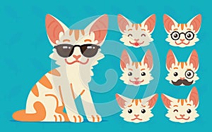 Cute cat sitting. Vector illustration of cool kitty in sunglasses on blue background and its head shows different