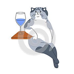 Cute cat sitting with wineglass. Funny elegant kitty leaning on table, drinking water from glass. Adorable comic feline