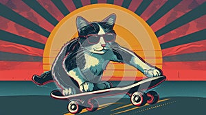 Cute Cat on Skateboard, a Portrait of Feline Fun and Coolness