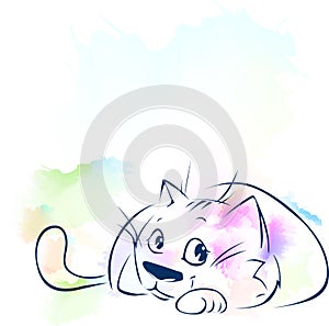 Cute Cat Sketch on Abstract Watercolor Background - Vector Illustration