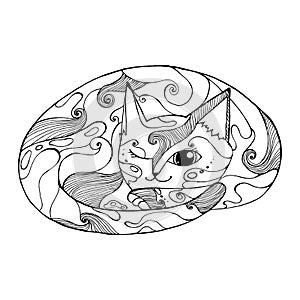 cute cat sleeping curled up in a ball, kitten made up of patterns and lines, coloring book for adults and children, black and