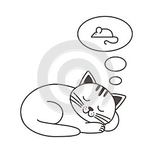 Cute cat sleeping and dreaming about mouse. Outline vector isolated illustration for nursery room