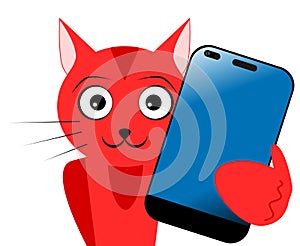 Cute cat with smartphone, cell phone, cartoon, isolated.