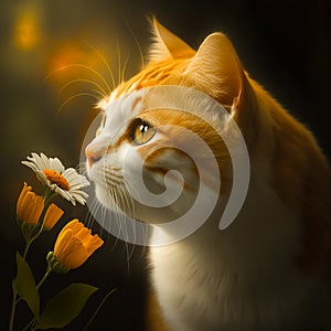 Cute cat sniffs flowers digital painting