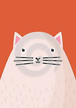 Cute cat snout flat vector illustration. Adorable pet face background in cartoon style. Funny close up kitten head