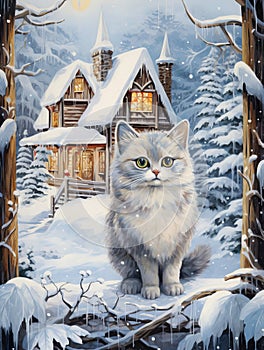 Cute Cat and Snow-Covered Cottage Watercolor Painting