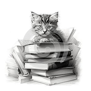 A cute cat with stack of books