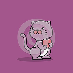 Cute Cat Standing Holding Heart Love Cartoon