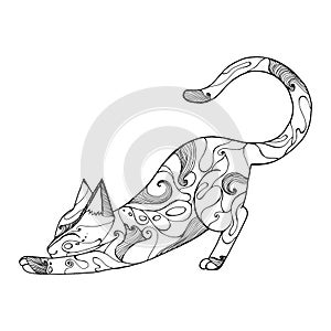 cute cat stretching, kitten made up of patterns and lines, coloring book for adults and children, black and white vector